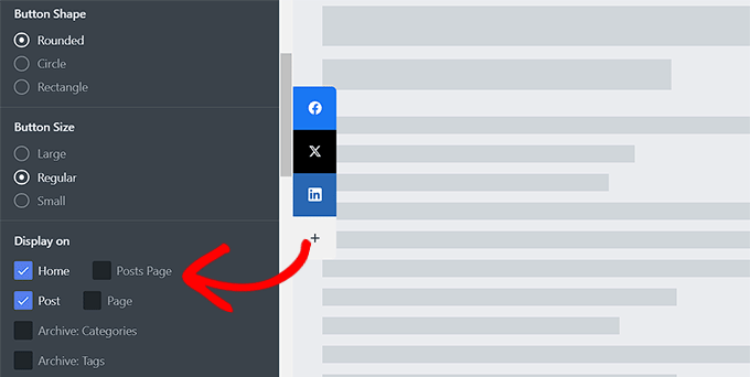 如何在 WordPress 中添加社交分享按钮（4 种简单方法） choose-where-to-display-your-floating-bar20251114_ -31