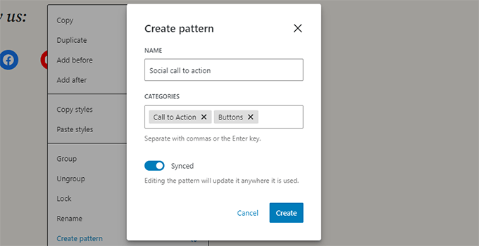 如何使用 WordPress 区块编辑器（Gutenberg 教程） create-pattern-popup20251114_ -14