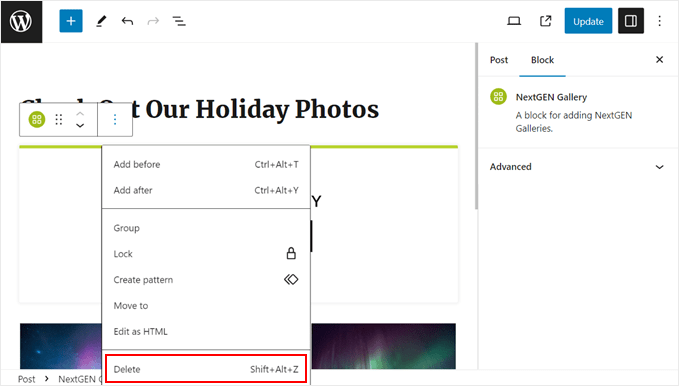 如何在 WordPress 中将 NextGEN Gallery 切换到 Envira Gallery delete-nextgen-block-min20251120_ -18