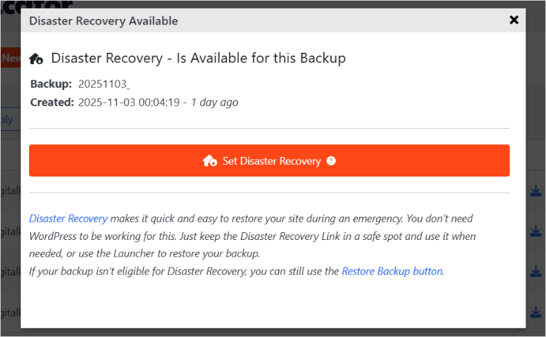 如何备份 WordPress 多站点（使用插件和不使用插件） duplicator-pro-disaster-recovery-popup20251120_ -29