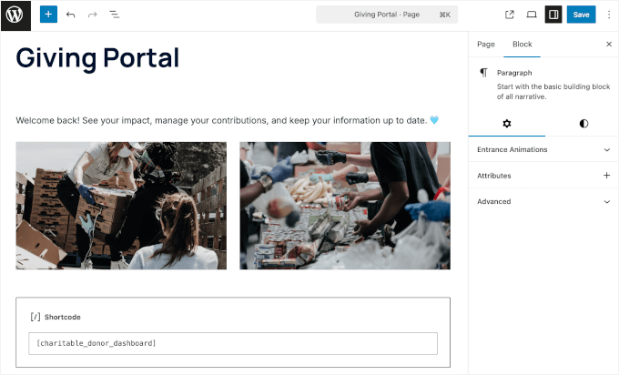 我只用了15分钟就在WordPress上创建了一个捐赠者门户网站（无需任何编码） editor-addblock-customizing-donordashboard-page20251109_ -13