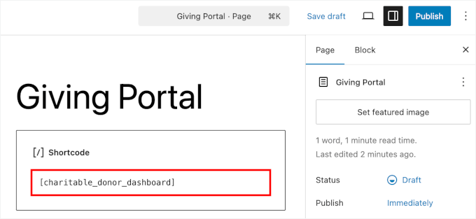 我只用了15分钟就在WordPress上创建了一个捐赠者门户网站（无需任何编码） editor-addblock-shortcode-charitabledonordashboard20251109_ -12