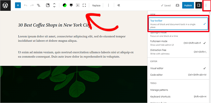 如何使用 WordPress 区块编辑器（Gutenberg 教程） move-block-toolbar-top20251114_ -30