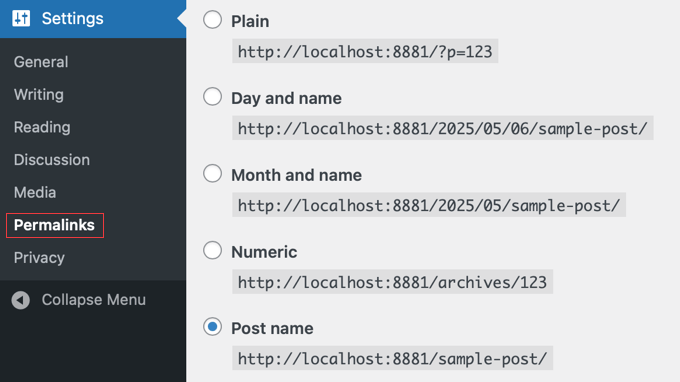 如何正确地从 Wix 切换到 WordPress（分步指南） permalinks-url-structure20251108_ -8
