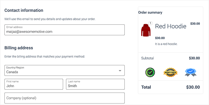 如何在 WordPress 的结账页面添加信任徽章（并提升销量） preview-of-trust-badges-in-woocommerce20251109_ -18