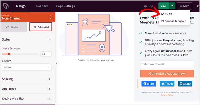 如何在 WordPress 中添加社交分享按钮（4 种简单方法） publish-landing-page-with-social-sharing-block20251114_ -47