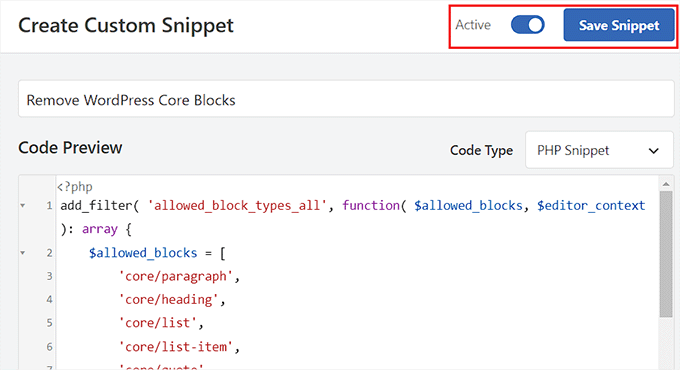 如何在 WordPress 中移除区块（4 种简单方法） save-code-snippet-for-removing-core-blocks20251114_ -12