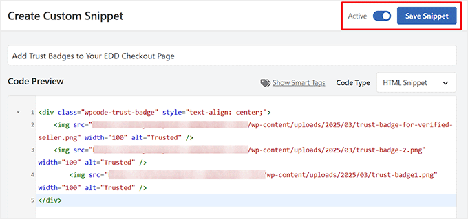 如何在 WordPress 的结账页面添加信任徽章（并提升销量） save-your-edd-trust-badges-snippet20251109_ -34