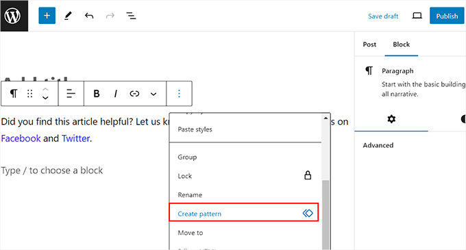 如何在 WordPress 中移除区块（4 种简单方法） select-create-pattern-option20251114_ -20