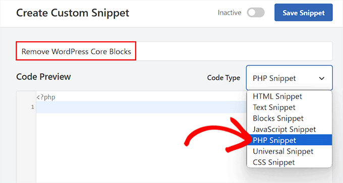 如何在 WordPress 中移除区块（4 种简单方法） select-php-snippet-to-remove-core-blocks20251114_ -8