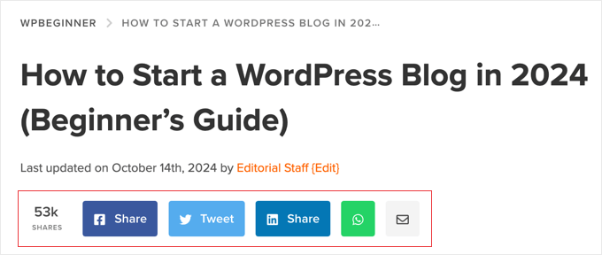 如何在 WordPress 中添加社交分享按钮（4 种简单方法） socialshare-example20251114_ -1