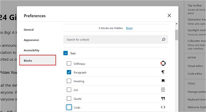 如何在 WordPress 中移除区块（4 种简单方法） uncheck-boxes-to-hide-blocks20251114_ -4