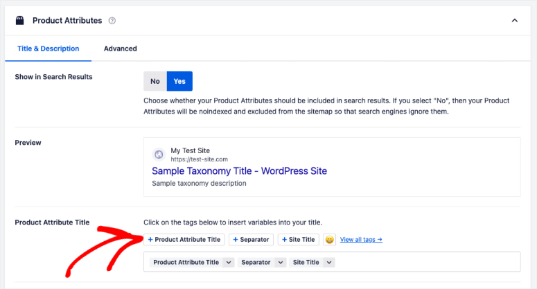 2025 年 WooCommerce SEO：如何大规模管理商店产品属性 aioseo-product-attributes-title-search-appearance-settings20251201_ -6