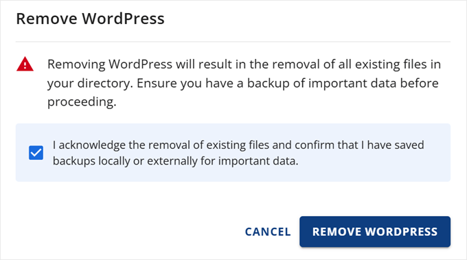 如何备份您的 WordPress 网站（终极指南） bluehost-remove-wordpress-min20251201_ -53