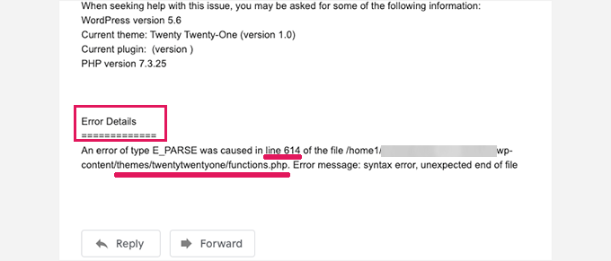 如何修复 WordPress 中的严重错误（分步指南） recoveryemail-errordetails20251201_ -7